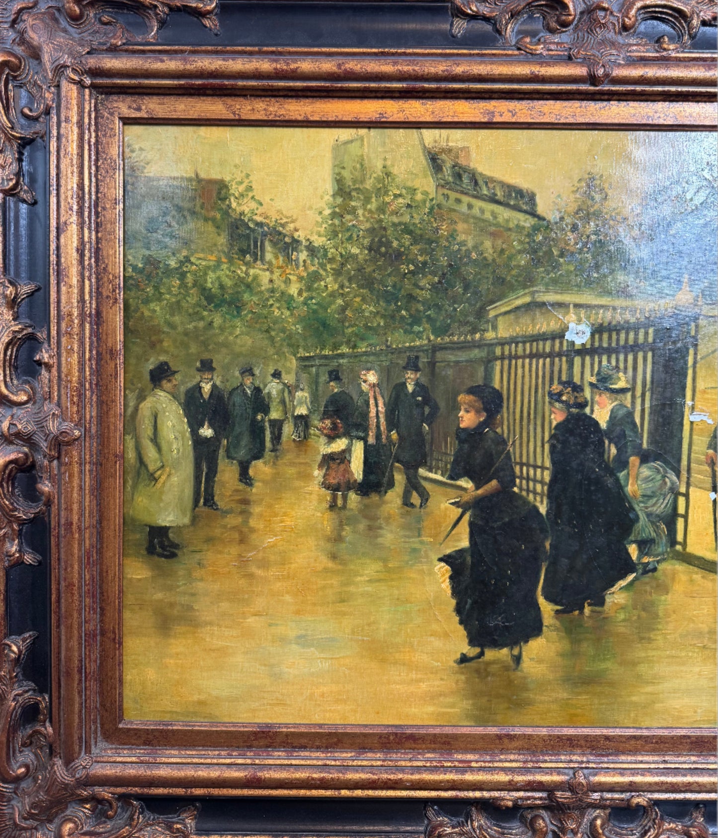 Vintage Continental-Style Oil Painting – Figures Outside an Iron Gate