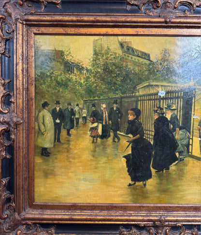 Vintage Continental-Style Oil Painting – Figures Outside an Iron Gate