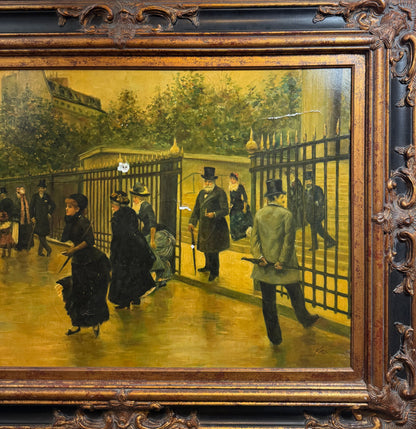 Vintage Continental-Style Oil Painting – Figures Outside an Iron Gate