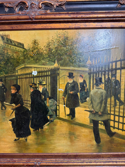 Vintage Continental-Style Oil Painting – Figures Outside an Iron Gate