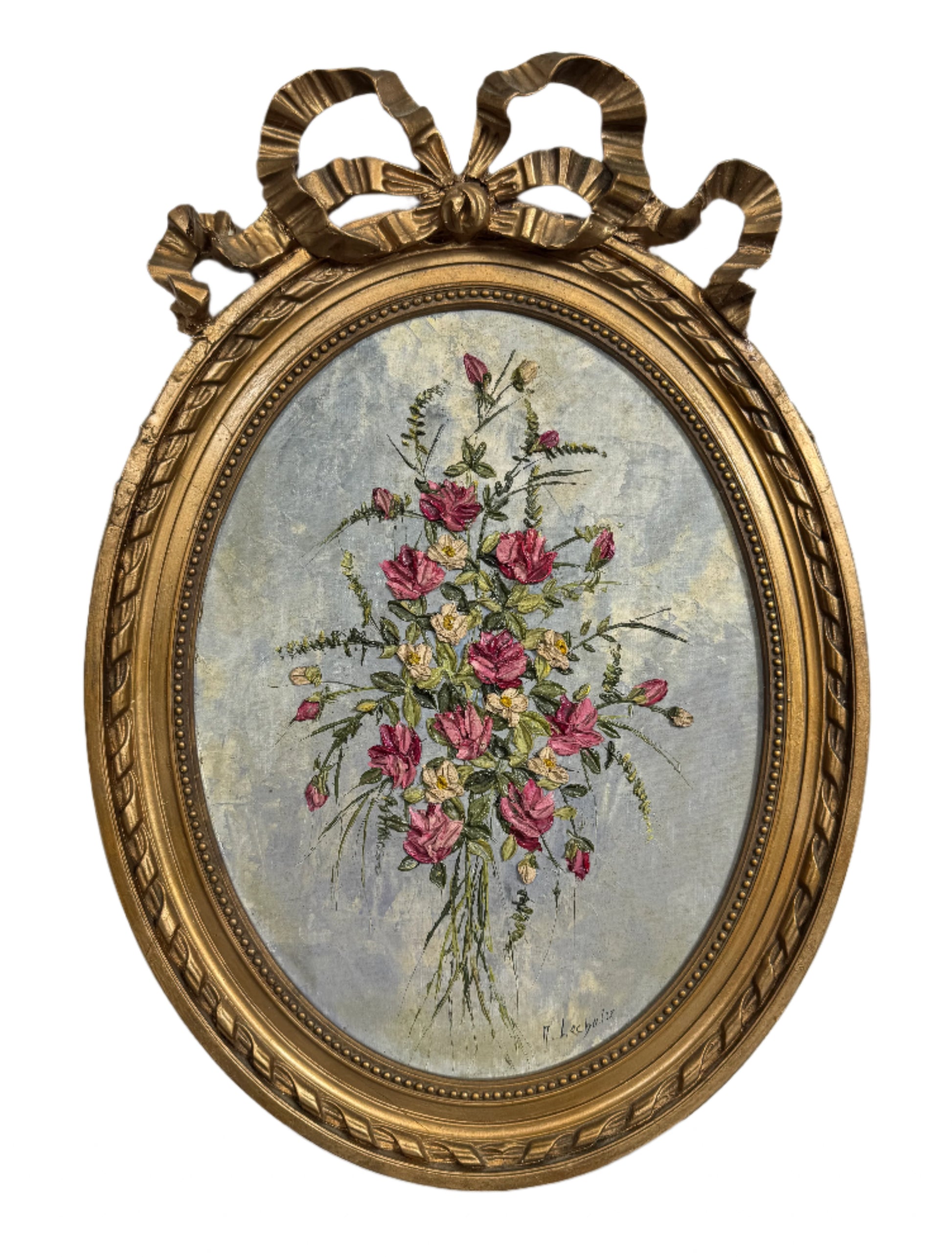 Vintage Floral Still Life Painting by A. Lechaire in Ornate Gilt Bow Frame