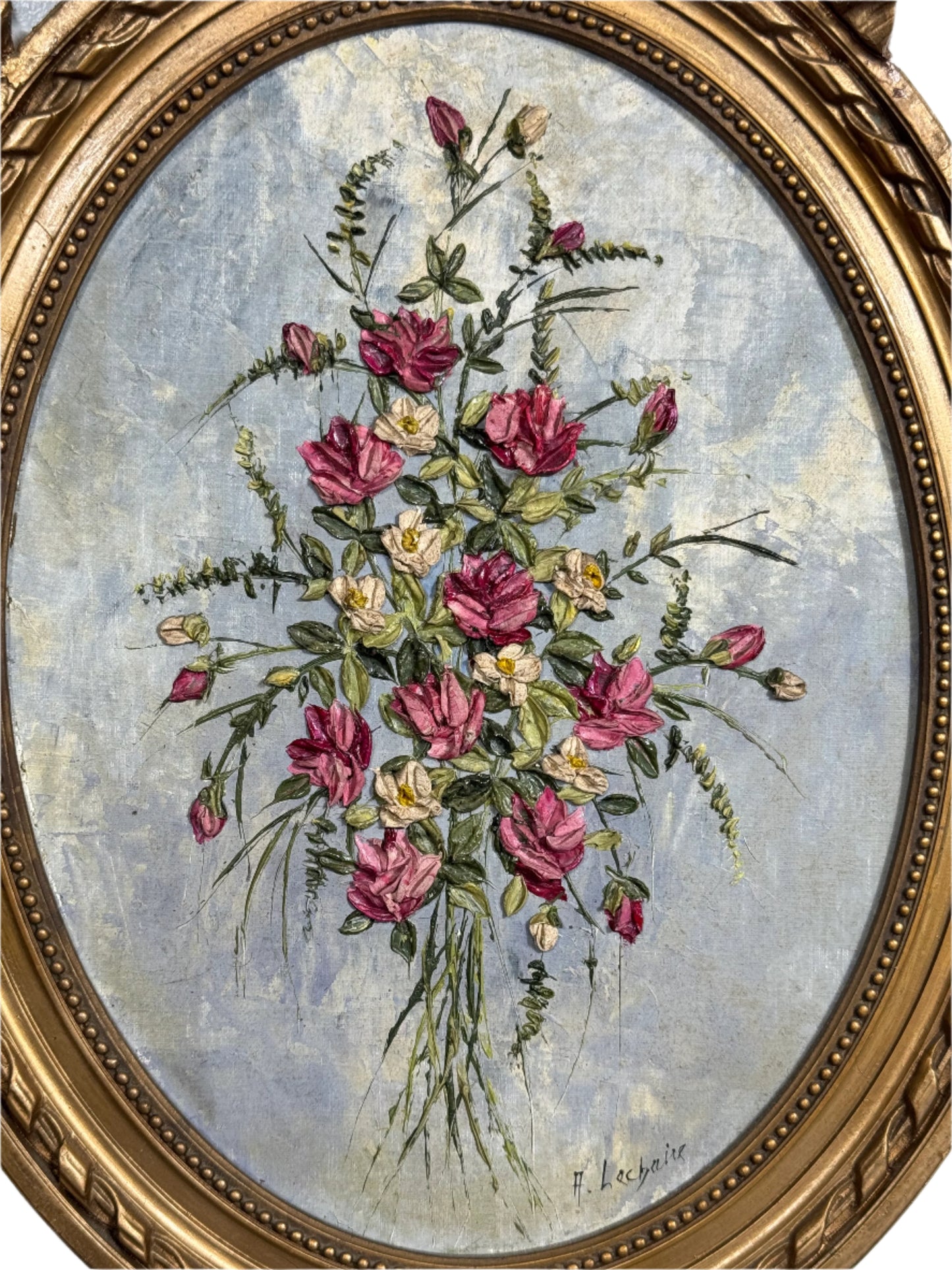 Vintage Floral Still Life Painting by A. Lechaire in Ornate Gilt Bow Frame