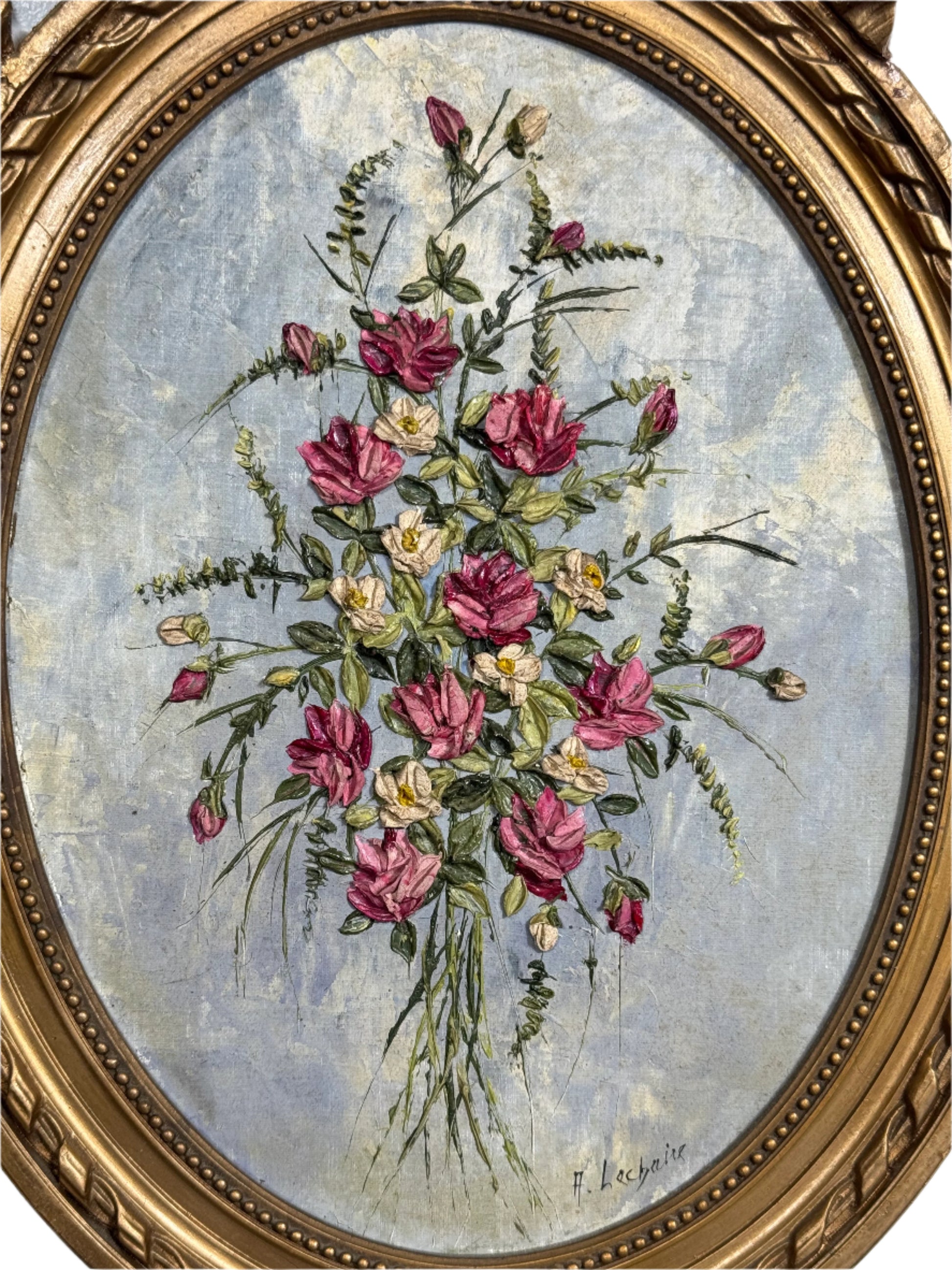 Vintage Floral Still Life Painting by A. Lechaire in Ornate Gilt Bow Frame