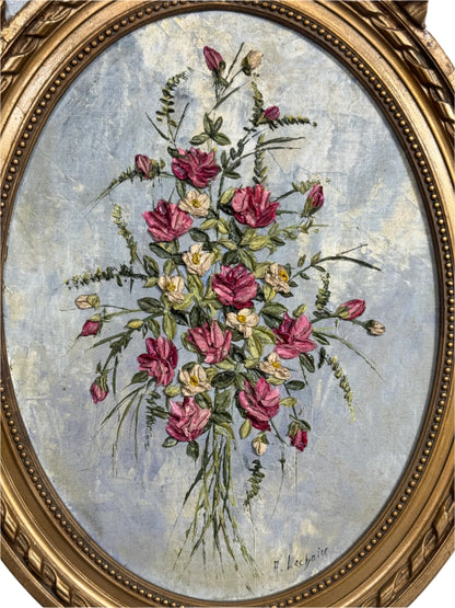 Vintage Floral Still Life Painting by A. Lechaire in Ornate Gilt Bow Frame