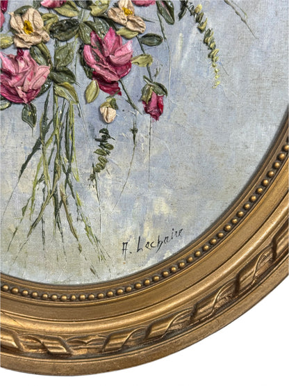 Vintage Floral Still Life Painting by A. Lechaire in Ornate Gilt Bow Frame