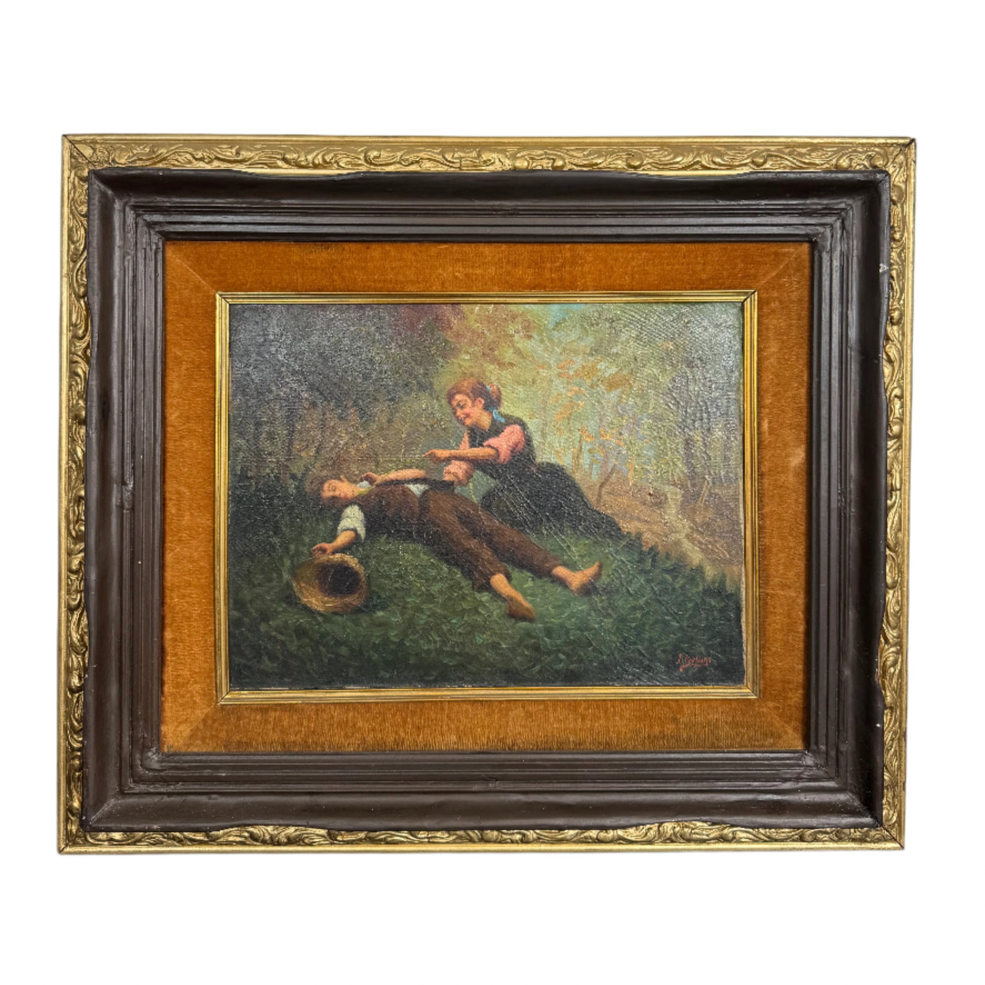 antique oil painting of boy and girl
