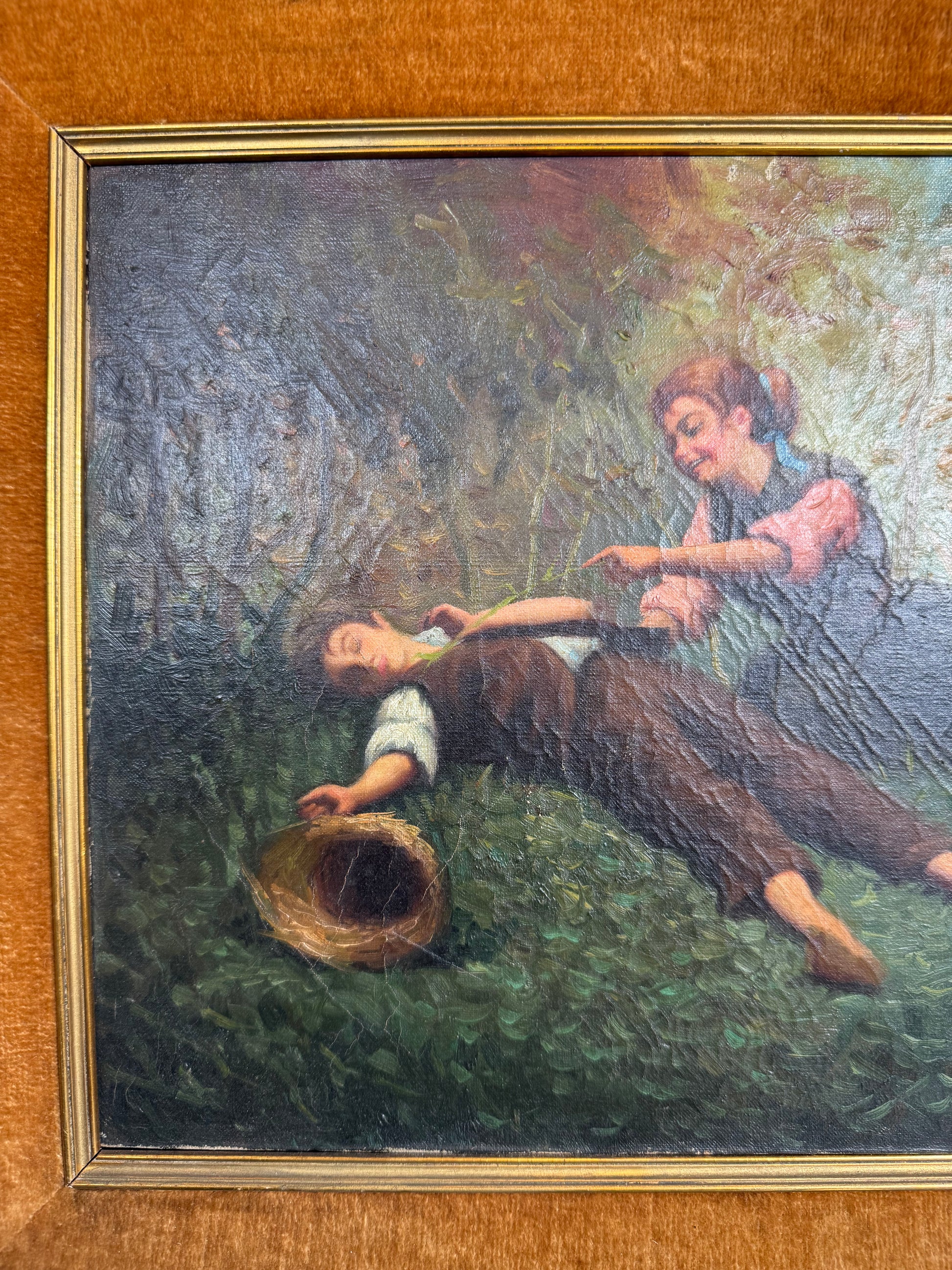antique oil painting of boy and girl