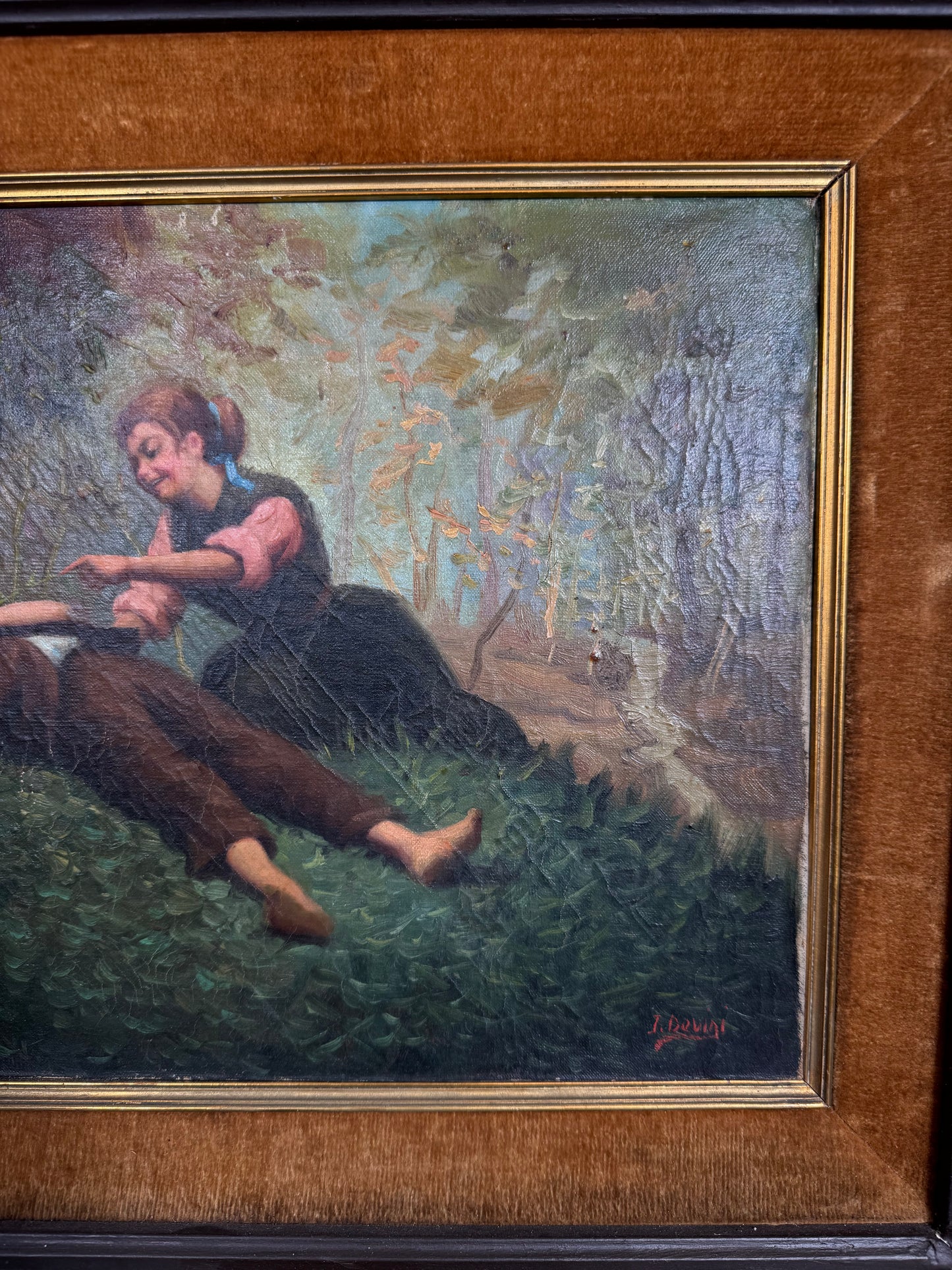 antique oil painting of boy and girl