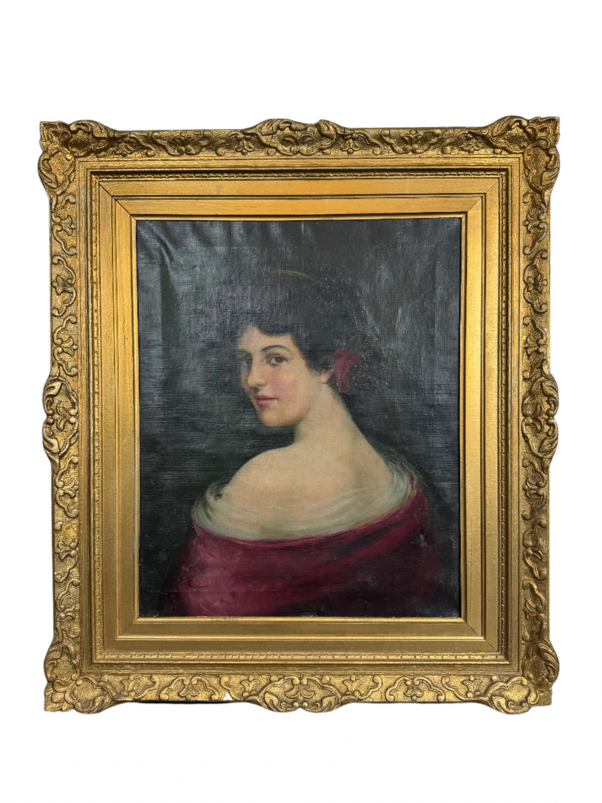 antique portrait painting with flower