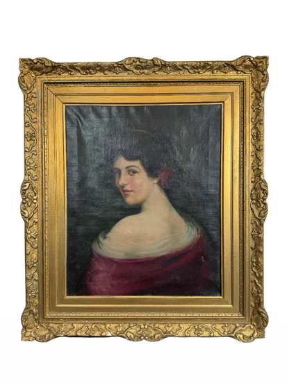 antique portrait painting with flower