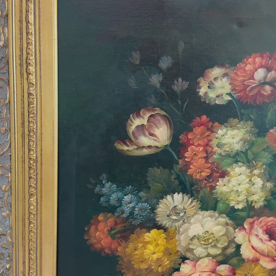 Signed Vintage Oil on Canvas Still Life of Flowers and Fruit in Ornate Gilt Frame