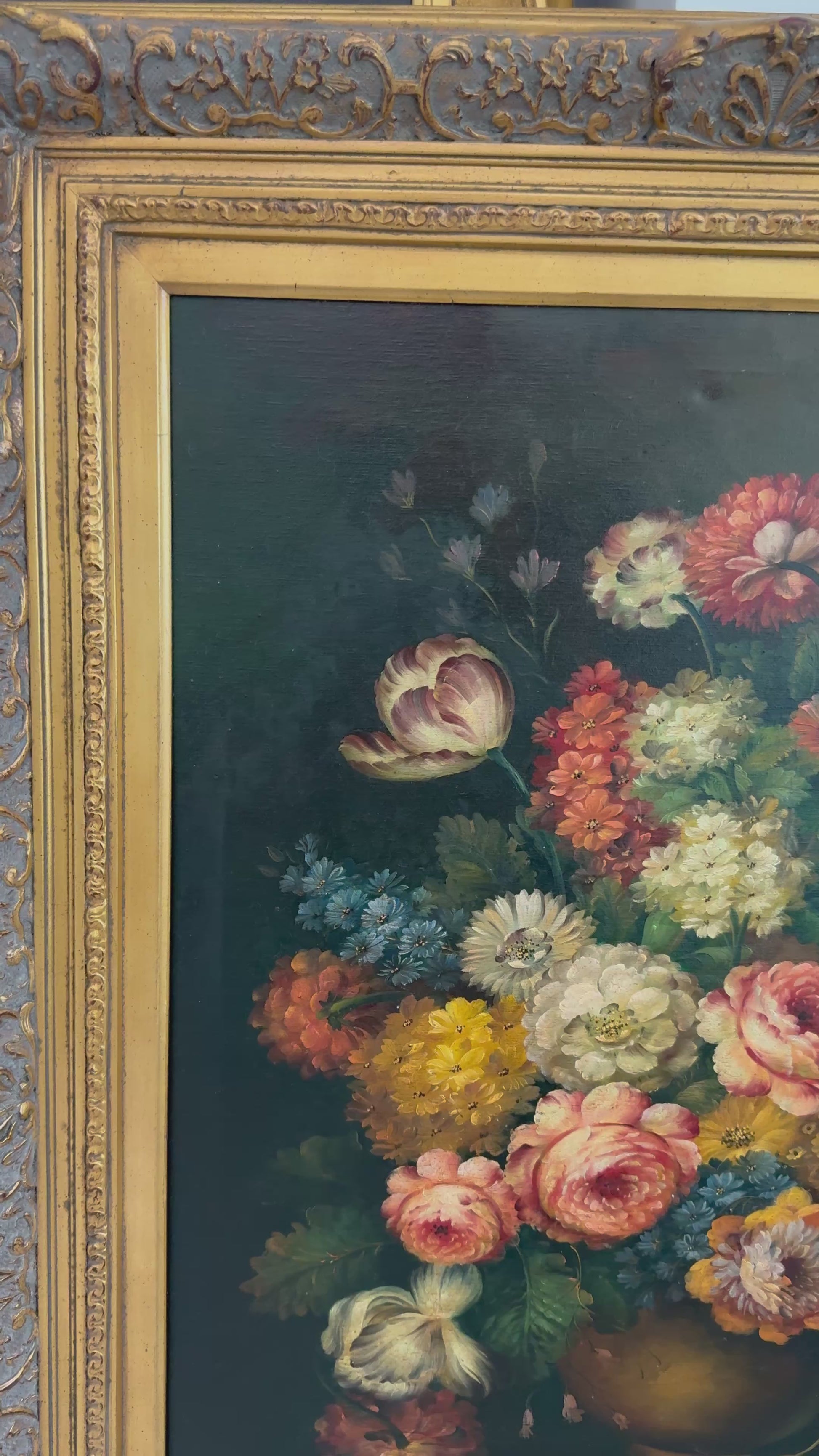Signed Vintage Oil on Canvas Still Life of Flowers and Fruit in Ornate Gilt Frame